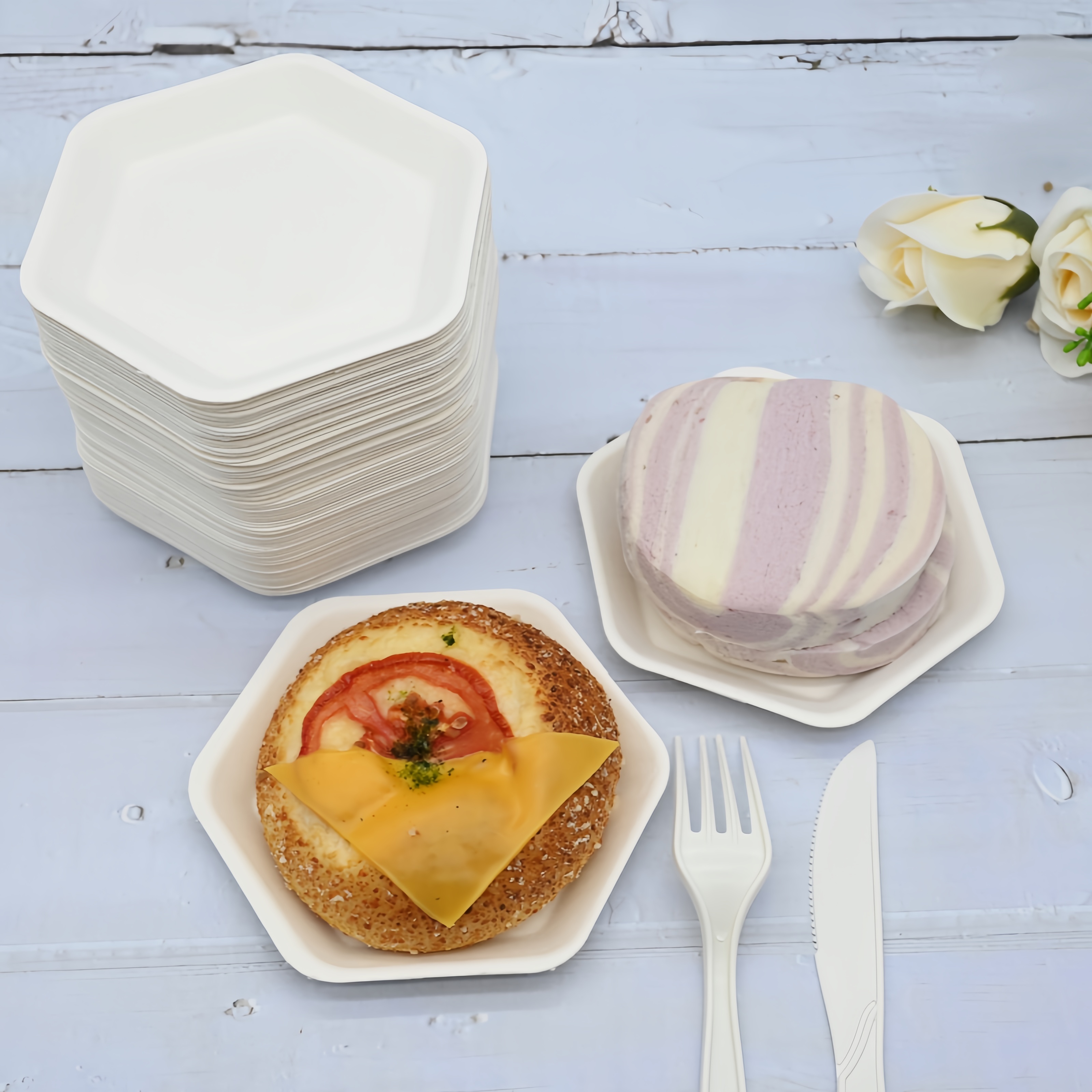 hexagonal bagasse dessert plates